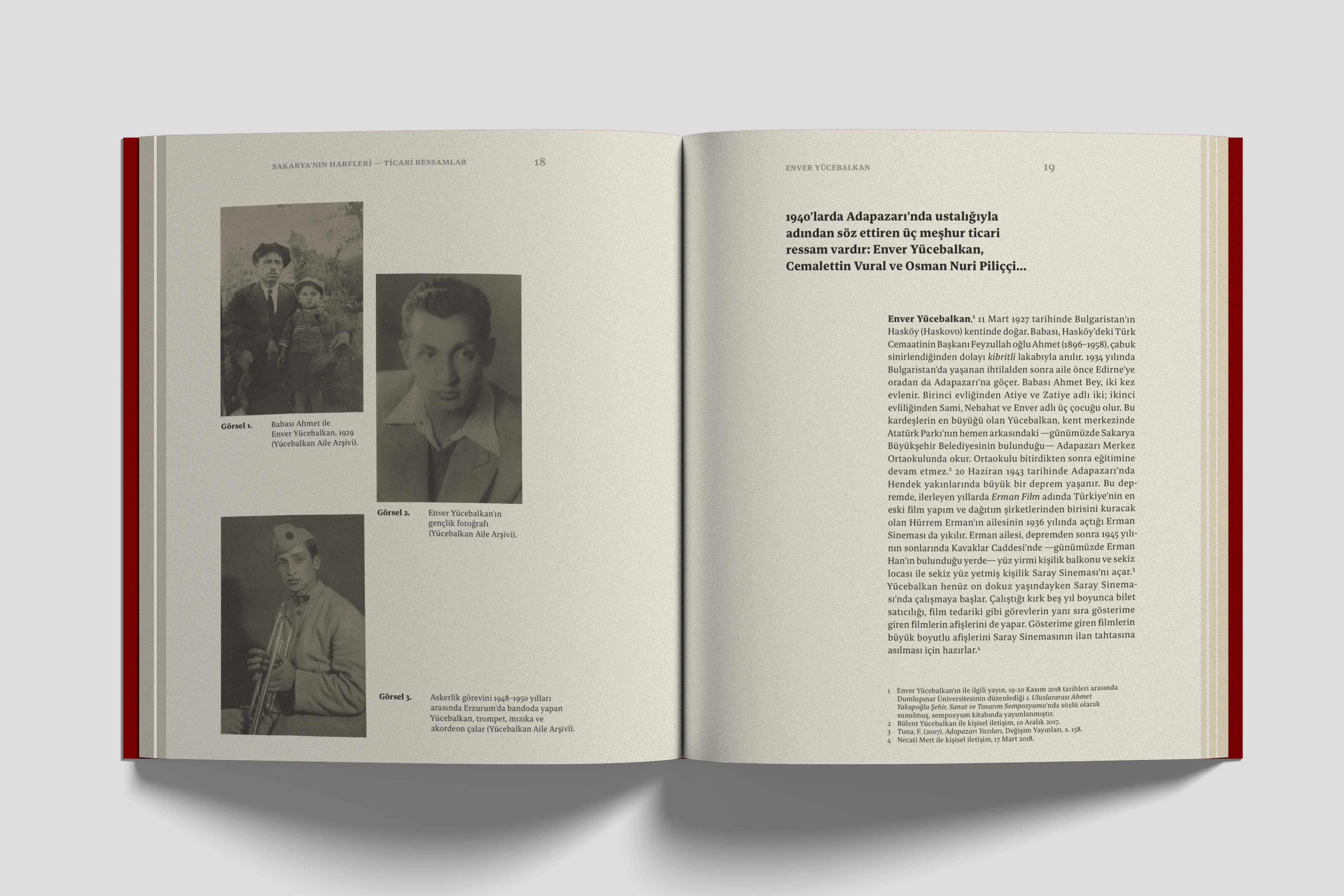 Interior spread from 'The Letters of Sakarya', first section: biographies of commercial artists with photographs and archival documents.
