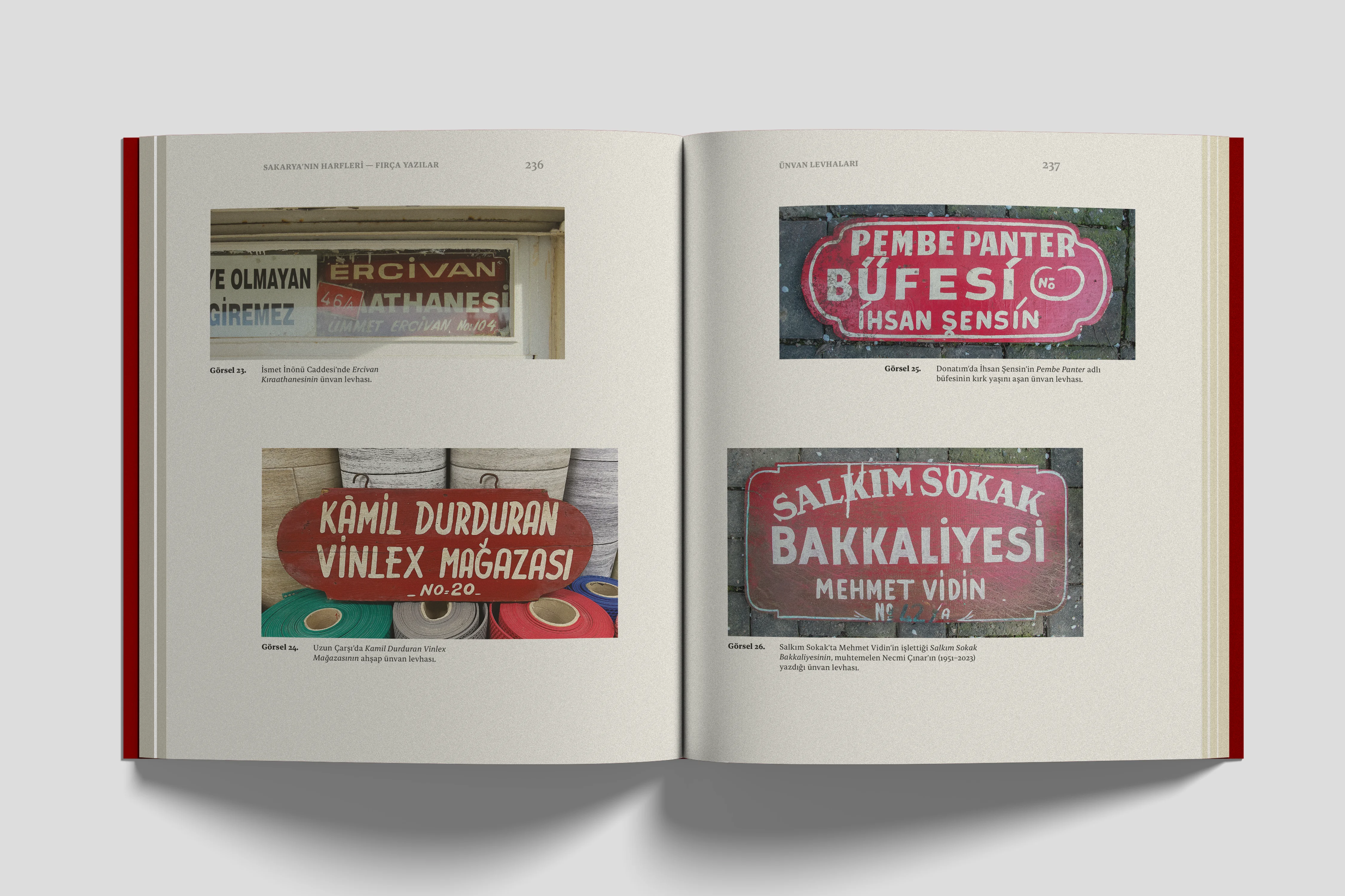 Interior spread from 'The Letters of Sakarya', second section: examples of vernacular lettering including shop signs and nameplates.