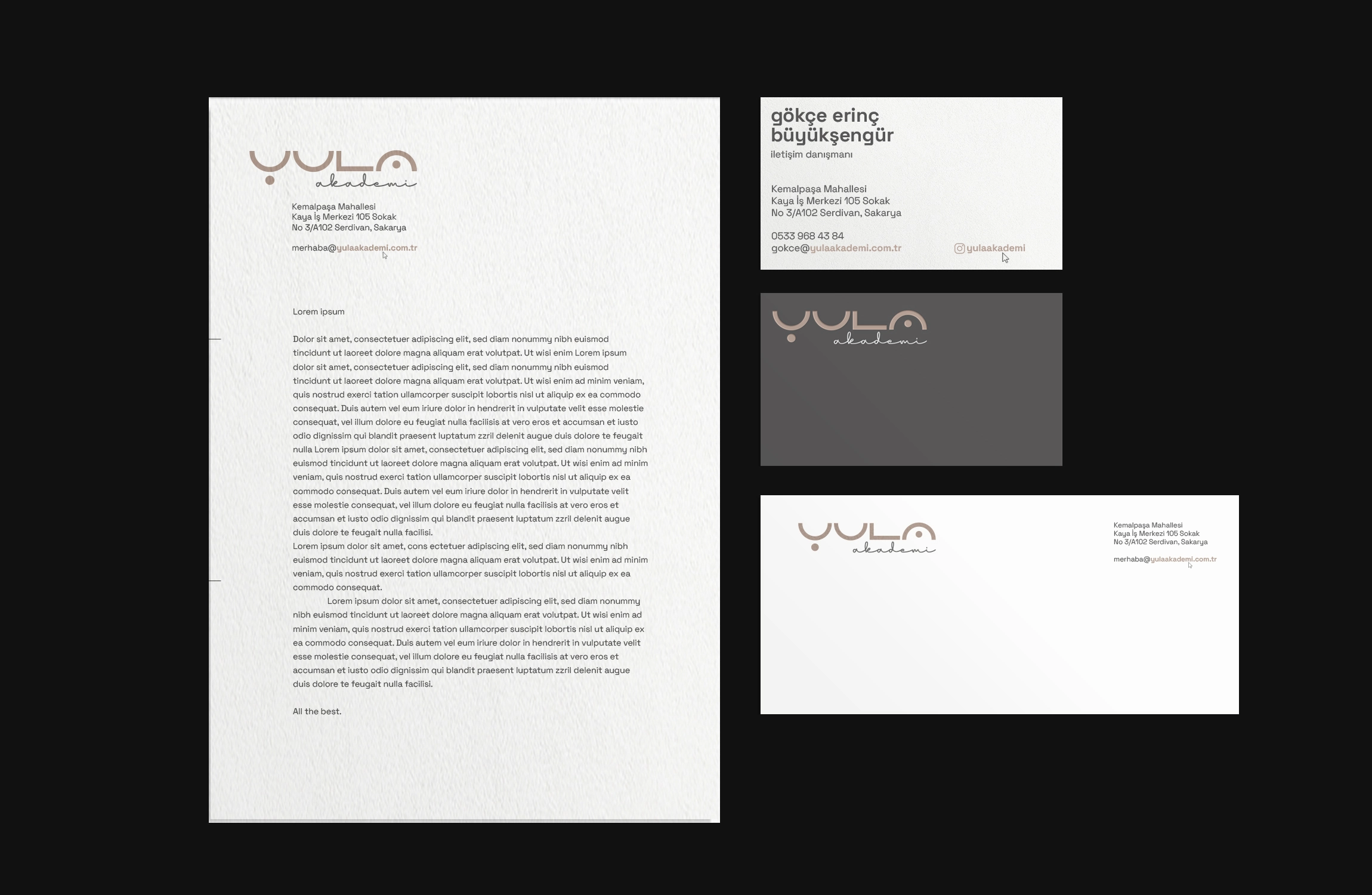 Letterhead, envelope and business card used in Yula's corporate identity.